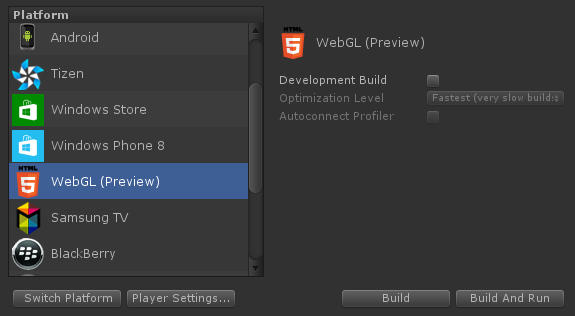 Example of Unity's build settings